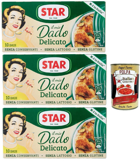 Italian Gourmet E.R. Brühe Star il mio Dado Delicato 10 Dadi, Suppenwürfel Brühe empfindlich reich an Geschmack, 3x 100 g + Italian Gourmet polpa 400g 8032804040014