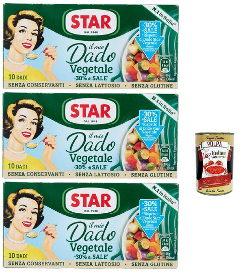 Italian Gourmet E.R. Brühe Star il mio Dado Vegetale -30% di Sale 10 Dadi, Suppenwürfel Brühe mit 9 Gemüsesorte reich an Geschmack mit -30% salz, 3x 100 g + Italian Gourmet polpa 400g 8032804040014