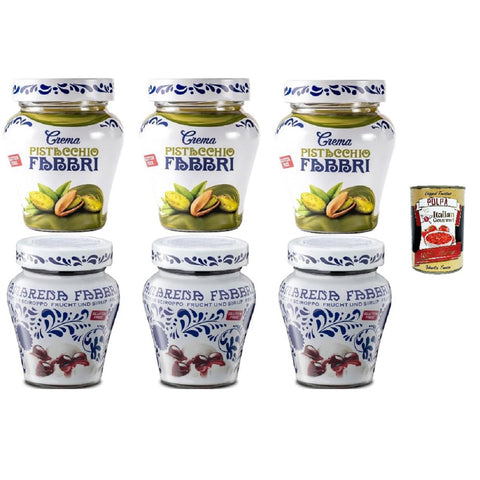 Fabbri Pistazien - und Amarenakirsch - Set, Gläser, 6 Stück, Italienische Spezialitäten (3x Pistaziencreme, 3x Amarenakirschen) 230g inkl. Italian Gourmet poolpa 400g Original italienisch