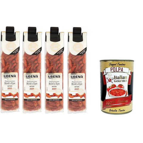 UBENA Peperoncini Bird's Eye Interi,Ganze Bird's Eye Chilischoten, Intensive Schärfe, Ideal für exotische Gerichte, Gyros und Chili con Carne, 4x12g Clipbeutelformat Original italienisch inkl. Italian Gourmet Polpa 400g