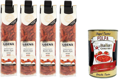 Italian Gourmet E.R. Chili UBENA, Peperoncini Bird's Eye Interi,Ganze Bird's Eye Chilischoten, Intensive Schärfe, Ideal für exotische Gerichte, Gyros und Chili con Carne, 4x12g Clipbeutelformat+ Italian Gourmet polpa 400g 8032804040014