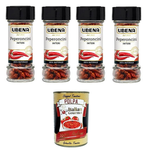 Italian Gourmet E.R. Chili UBENA, Peperoncini Interi,Ganze Chilischoten, Intensive Schärfe, Ideal für exotische Gerichte, Gyros und Chili con Carne, 4x12g Vase aus Glas+ Italian Gourmet polpa 400g 8032804040014