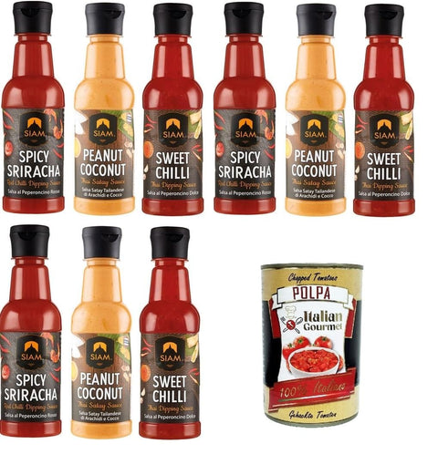 Italian Gourmet E.R. Chilisaucen Siam Testpaket Sauce Sweet Chilly-Peanut Coconut-Spicy Sriracha 9x 250ml + Italian Gourmet polpa 400g 8032804040014