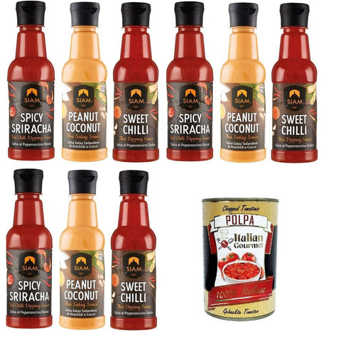 Siam Testpaket Sauce Sweet Chilly-Peanut Coconut-Spicy Sriracha 9x 250ml Original italienisch inkl. Italian Gourmet Polpa 400g