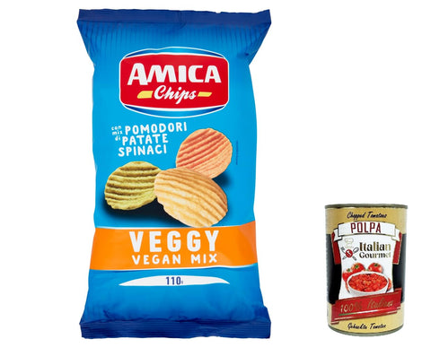 Italian Gourmet E.R. Chips 10x Amica Chips Veggy Vegan Mix con mix di Pomodori Patate Spinaci, Chips mit einer Mischung aus Tomaten, Kartoffeln, Spinat, 110 g + Italian Gourmet polpa 400g 8008714000486