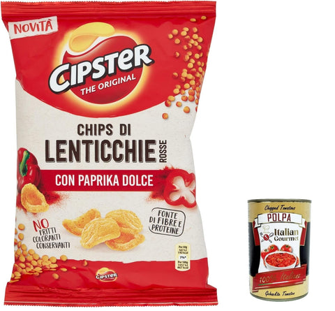 Italian Gourmet E.R. Chips 10x Cipster di Lenticchie Rosse alla Paprika, rote Linsenchips in Paprika, Ikonische Form und knuspriger Geschmack, 80g + Italian Gourmet polpa 400g 7622201518134