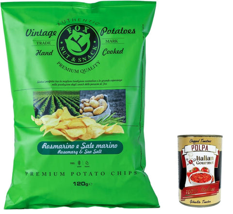 Italian Gourmet E.R. Chips 10x FOX Natural Quality Vintage Potatoes Rosmarin und Meersalz, Premium italienische handgefertigte Kartoffel crisps chips 120g + Italian Gourmet polpa 400g 8007537006361