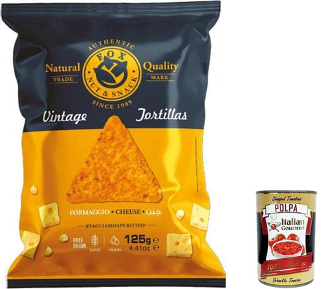 Italian Gourmet E.R. Chips 10x FOX Natural Quality Vintage Potatoes Tortilla Chips Käse , Nacho cheese Corn , Premium italienische handgefertigte Kartoffel crisps chips 125g + Italian Gourmet polpa 400g 8007537006712