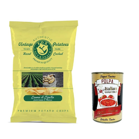 Italian Gourmet E.R. Chips 10x FOX Natural Quality Vintage Potatoes Zwiebelcreme, onion cream, Premium italienische handgefertigte Kartoffel crisps chips 120g + Italian Gourmet polpa 400g 8007537006736