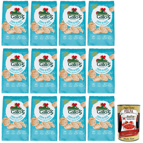 Riso Gallo Chips con Riso Integrale e Sale Marino,Snack mit Braunem Reis und Meersalz,40g-Beutel 12x Original italienisch inkl. Italian Gourmet Polpa di Pomodoro 400g Dose