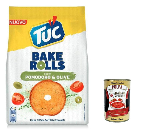 Tuc Bake Rolls, dünne und knusprige Brotchips mit Tomaten-Oliven-Geschmack 150 g 12x Original italienisch inkl. Italian Gourmet Polpa 400g