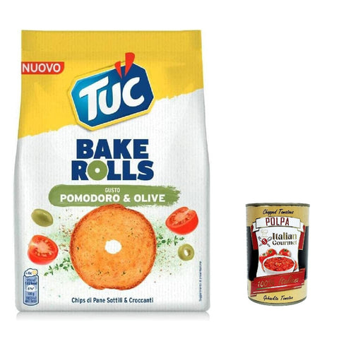 Tuc Bake Rolls, dünne und knusprige Brotchips mit Tomaten-Oliven-Geschmack 150 g 12x Original italienisch inkl. Italian Gourmet Polpa 400g