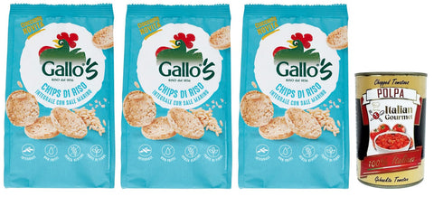 Riso Gallo Chips con Riso Integrale e Sale Marino,Snack mit Braunem Reis und Meersalz,40g-Beutel 3x Original italienisch inkl. Italian Gourmet Polpa di Pomodoro 400g Dose