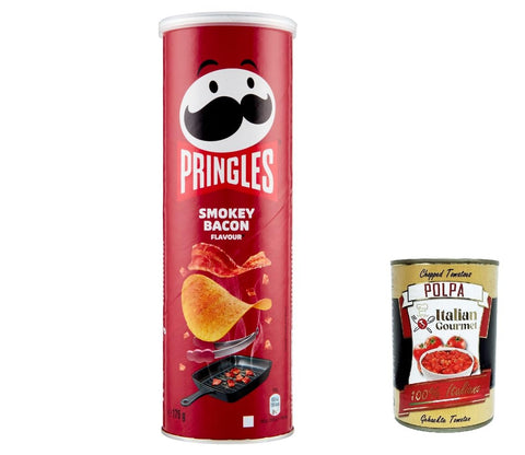 Pringles Smokey Bacon Flavour Patatine Smokey Speck 175g Kartoffel chips 3x Original italienisch inkl. Italian Gourmet Polpa 400g