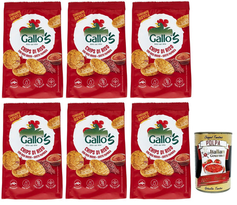 Riso Gallo Chips con Riso Rosso,Snack mit Vollkorn Rotem Reis und Paprika Geschmack,40g-Beutel 6x Original italienisch inkl. Italian Gourmet Polpa di Pomodoro 400g Dose