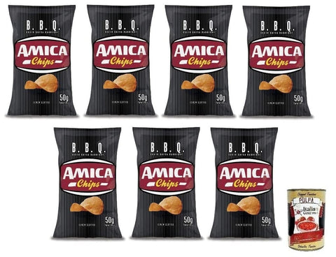 Italian Gourmet E.R. Chips 7x Amica Chips Patatine BBQ Sauce,Kartoffelchips mit Barbecuesauce,Salziger Snack Knusprig und Lecker,Glutenfrei,50g-Beutel + Italian Gourmet Polpa di Pomodoro 400g Dose 8008714002060