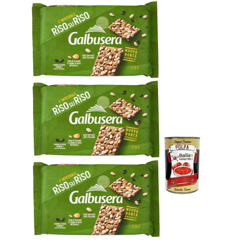 Galbusera RisosuRiso Croccantezza Integrale, Krümelige Cracker mit knusprigen Körnern aus 100% Puffreis 3x 380g inkl. Italian Gourmet polpa 400g Original italienisch