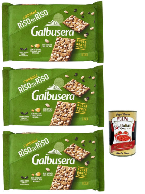 Italian Gourmet E.R. Chips Galbusera RisosuRiso Croccantezza Integrale, Krümelige Cracker mit knusprigen Körnern aus 100% italienischem Puffreis, 3x 380g + Italian Gourmet polpa 400g 8032804040014