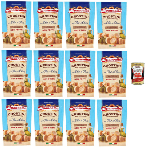 Italian Gourmet E.R. Chips Panealba Crostini Mediterraneo con Olio di Oliva Croutons mit Olivenöl Gesalzener Snack Nicht Gebraten Nicht Frittiertes 12x 100g + Italian Gourmet polpa 400g 8032804040014