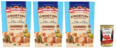 Italian Gourmet E.R. Chips Panealba Crostini Mediterraneo con Olio di Oliva Croutons mit Olivenöl Gesalzener Snack Nicht Gebraten Nicht Frittiertes 3x 100g + Italian Gourmet polpa 400g 8032804040014