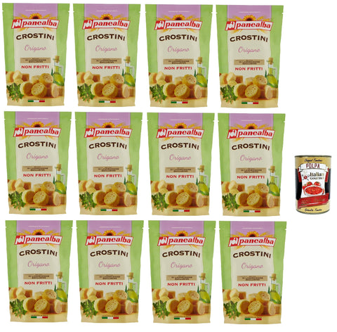 Italian Gourmet E.R. Chips Panealba Crostini Origano Croutons mit Oregano Gesalzener Snack Nicht Gebraten Nicht Frittiertes 12x 100g + Italian Gourmet polpa 400g 8032804040014