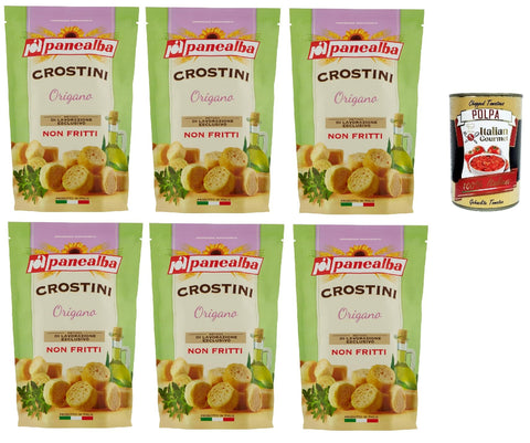Panealba Crostini Origano Croutons mit Oregano Gesalzener Snack Nicht Gebraten Nicht Frittiertes 6x 100g Original italienisch inkl. Italian Gourmet Polpa 400g