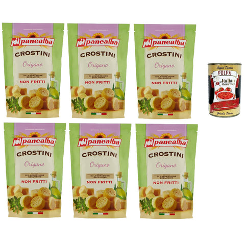 Panealba Crostini Origano Croutons mit Oregano Gesalzener Snack Nicht Gebraten Nicht Frittiertes 6x 100g Original italienisch inkl. Italian Gourmet Polpa 400g
