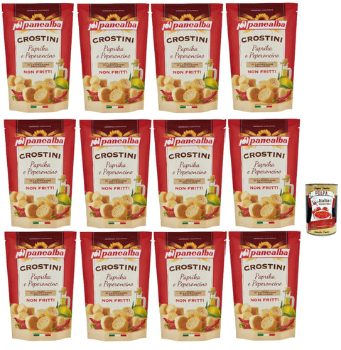 Panealba Crostini Paprika e Peperoncino Croutons mit Paprika and Chilli Gesalzener Snack Nicht Gebraten Nicht Frittiertes 12x 100g inkl. Italian Gourmet polpa 400g Original italienisch
