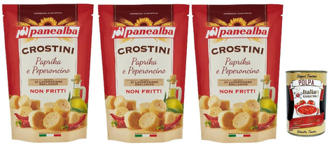 Panealba Crostini Paprika e Peperoncino Croutons mit Paprika and Chilli Gesalzener Snack Nicht Gebraten Nicht Frittiertes 3x 100g Original italienisch inkl. Italian Gourmet Polpa 400g