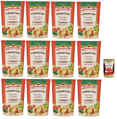 Panealba Crostini Pomodoro e Basilico Croutons mit Tomate und Basilikum Gesalzener Snack Nicht Gebraten Nicht Frittiertes 12x 100g Original italienisch inkl. Italian Gourmet Polpa 400g