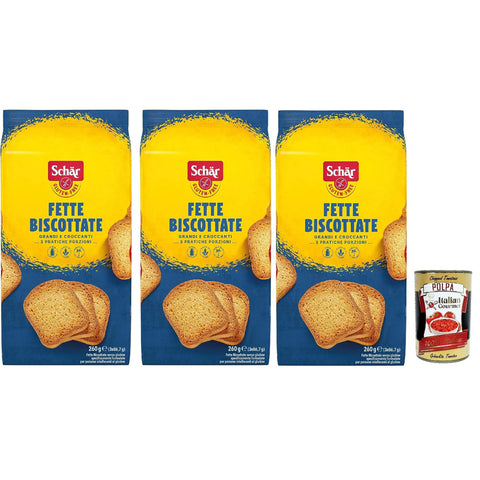 Schar Schär, Fette Biscottate, senza glutine, Zwieback Glutenfreie, Speziell für Menschen mit Glutenunverträglichkeit entwickelt, 3x 260g Original italienisch inkl. Italian Gourmet Polpa 400g