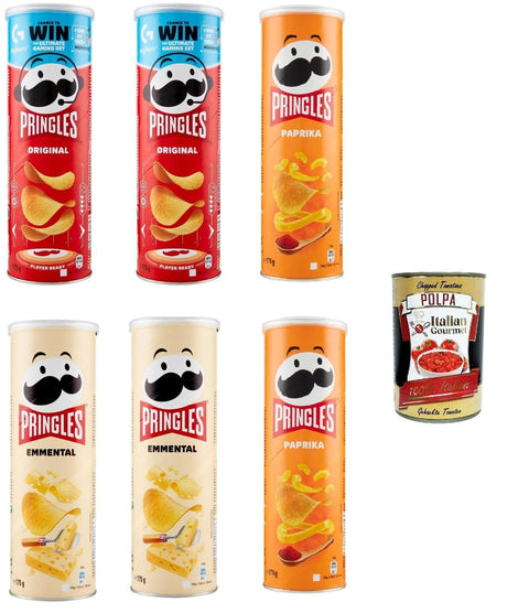 Italian Gourmet E.R. Chips Testpaket Chips, Original, Paprika und Emmental der unwiderstehliche Snack in der praktischen Dose knackige Chips Einzelpackung 6x 175g + Italian Gourmet polpa 400g 5053990162734