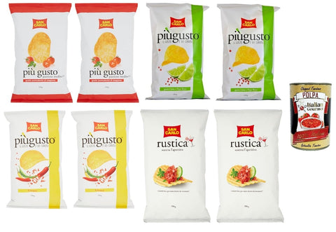 Italian Gourmet E.R. Chips Testpaket San Carlo Più Gusto Patatine, Paprika + Limette und rosa Pfeffer + Kirschtomaten - Kartoffelchips Chips, 6x 150g + Rustica 2x 300g Beutel + Italian Gourmet polpa 400g 8032804040014