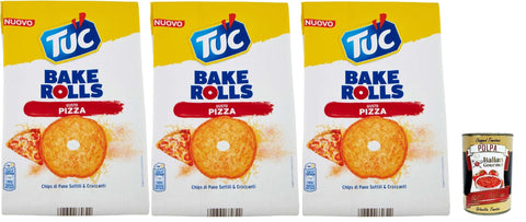 Italian Gourmet E.R. Chips Tuc Bake Rolls, Chips di Pane Sottile e Croccante gusto PIzza, Im Ofen gebackene, dünne und knusprige PIzza Brotchips 3x 150 g + Italian Gourmet polpa 400g 8032804040014