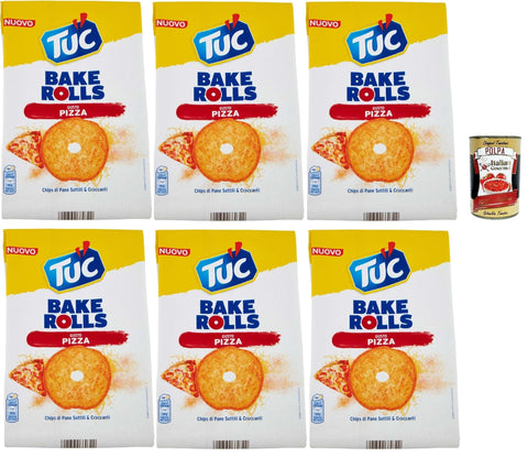 Italian Gourmet E.R. Chips Tuc Bake Rolls, Chips di Pane Sottile e Croccante gusto PIzza, Im Ofen gebackene, dünne und knusprige PIzza Brotchips 6x 150 g + Italian Gourmet polpa 400g 8032804040014