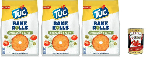 Italian Gourmet E.R. Chips Tuc Bake Rolls, Chips di Pane Sottile e Croccante gusto Pomodoro e Olive, Im Ofen gebackene, dünne und knusprige Tomate und Oliven Brotchips 3x 150 g + Italian Gourmet polpa 400g 8032804040014