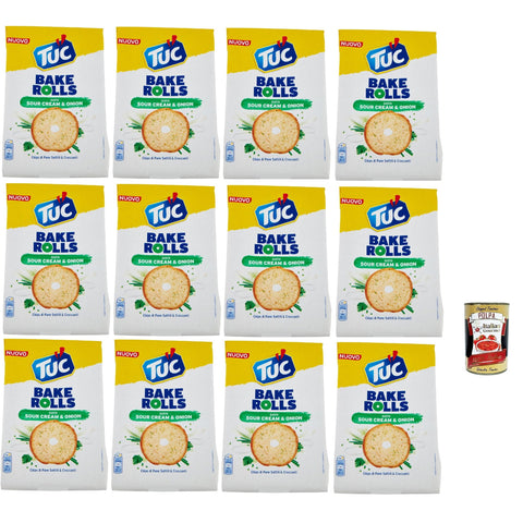 Tuc Bake Rolls, Chips di Pane Sottile e Croccante gusto Sour Cream & Onion, Im Ofen gebackene, dünne und knusprige Sauerrahm und Zwiebel Brotchips 12x 150 g Original italienisch inkl. Italian Gourmet Polpa 400g