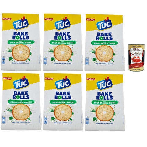 Tuc Bake Rolls, Chips di Pane Sottile e Croccante gusto Sour Cream & Onion, Im Ofen gebackene, dünne und knusprige Sauerrahm und Zwiebel Brotchips 6x 150 g inkl. Italian Gourmet polpa 400g Original italienisch