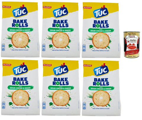 Italian Gourmet E.R. Chips Tuc Bake Rolls, Chips di Pane Sottile e Croccante gusto Sour Cream & Onion, Im Ofen gebackene, dünne und knusprige Sauerrahm und Zwiebel Brotchips 6x 150 g + Italian Gourmet polpa 400g 8032804040014