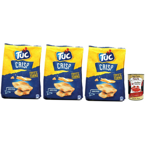 Tuc Crisp, Gusto Original italienisch, Knuspriges Blätterteiggebäck auf der Basis von im Ofen gegarten Kartoffeln chips mit 100% italienischem Weizen, 3x 100 g inkl. Italian Gourmet Polpa 400g