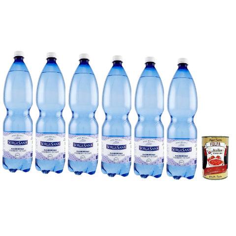 Sorgesana Acqua Minerale Oligominerale Leggermente Frizzante, 6x 1,5 L, Leicht funkelndes Mineralwasser Original italienisch inkl. Italian Gourmet Polpa 400g