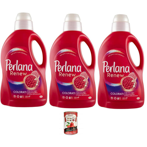 Perlana Renew Colorati, Waschmaschinenwaschmittel, für alle farbigen Kleidungsstücke, belebt Farben und erneuert Fasern 3x Original italienisch inkl. Italian Gourmet Pelati 400g
