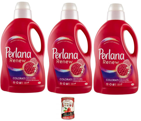 Perlana Renew Colorati, Waschmaschinenwaschmittel, für alle farbigen Kleidungsstücke, belebt Farben und erneuert Fasern 3x Original italienisch inkl. Italian Gourmet Pelati 400g