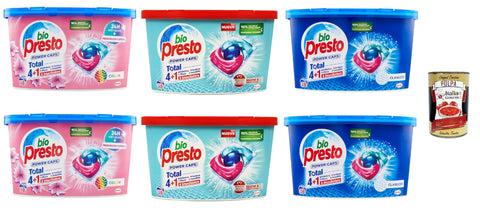 Bio PResto Power Caps Testpaket, Color, Igiene, Classico Prädikat - Waschmaschinenwaschmittel in Kapseln für farbige Kleidungsstücke, Packung 6x 18 Waschen inkl. Italian Gourmet polpa 400g Original italienisch