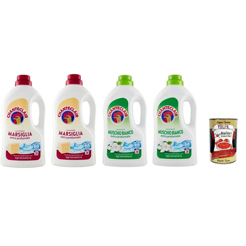 Chante Clair Chanteclair Lavatrice Testpaket Marseille + Weißer Moschus - Flüssigwaschmittel für die Waschmaschine - Waschmittel 28 Wäschen 4x 1260ml inkl. Italian Gourmet polpa 400g Original italienisch