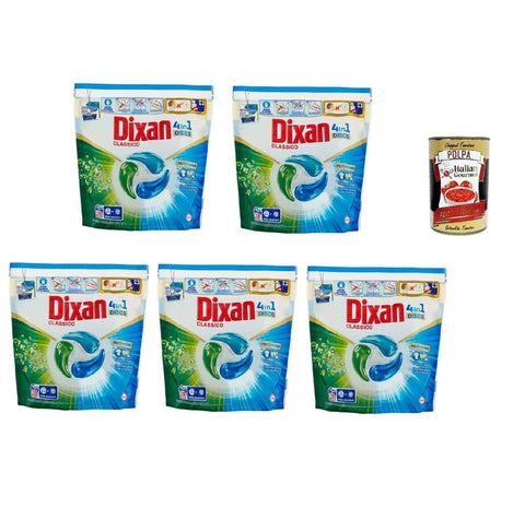 Italian Gourmet E.R. Color- & Feinwäsche Dixan Discs 4in1 Classico, 28 lavaggi, Waschmaschinenwaschmittel in Kapseln 5x 28 Wäschen + Italian Gourmet polpa 400gr 8032804040014