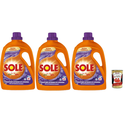 Sole Freschezza Naturale, Lavanda, 41 Wäschen, Desinfektionsformel, natürliche Frische Flüssigwaschmittel für die Waschmaschine entfernt Flecken bei niedrigen 3x 1845ml inkl. Italian Gourmet polpa 400g Original italienisch