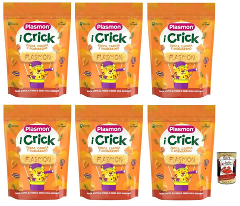 Plasmon i Crick,Snacks mit Kürbis-, Karotten- und Rosmarin Geschmack Beutel mit 100g 6x Original italienisch inkl. Italian Gourmet Polpa di Pomodoro 400g Dose