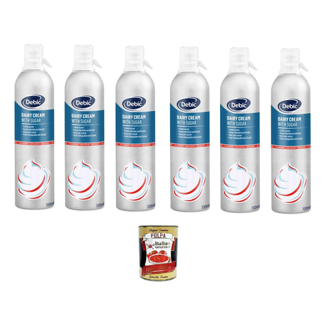 Debic Panna Spray Zuccherata Gesüßte Sprühcreme 6x700 ml inkl. Italian Gourmet Polpa di Pomodoro 400g Original italienisch