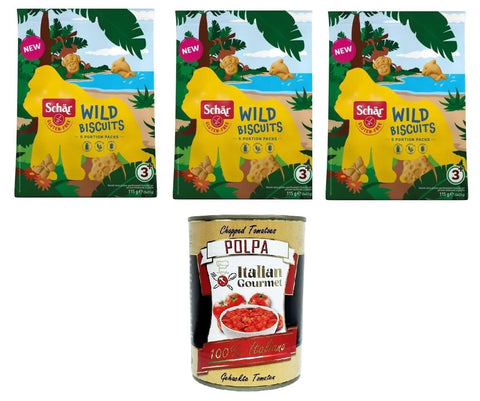 Italian Gourmet E.R. Cupcakes Schär Wild Biscuits – Biscotti senza glutine con forma di animale al sapore di vaniglia Wildkekse – Glutenfreie Tierkekse mit Vanillegeschmack 3x 115g (5x23gr)+ Italian Gourmet polpa 400g 8032804040014